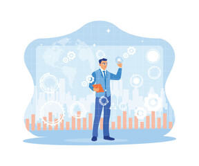 Businessman standing against an abstract cityscape background. Using tablets with digital business interfaces globally. Concept of hi-tech and communication. trend flat vector modern illustration