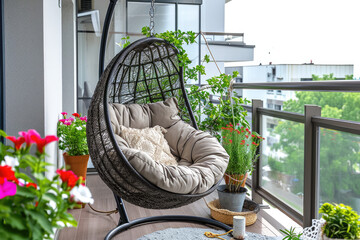 Balcony with hanging chair and many plants. Cozy seating area in modern apartment