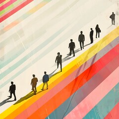 Illustration in a corpore art style of a business people standing on a colorful and abstract background. Concepts of corporations, work, business, inspiration and teamwork.