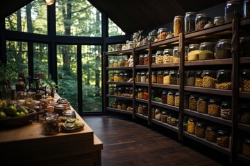 Walk-in pantry with custom-built wooden shelves, Generative AI