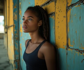 Naklejka premium a young afro American woman in a black tank top leaning between a paint colored wall