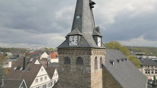 Aerial Rotational Shot Of The Central Medieval Church , Kettwig, Essen, Germany