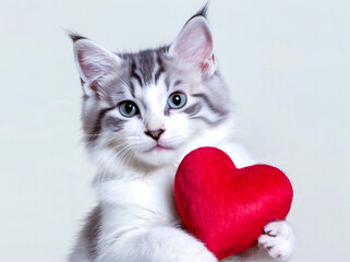 kitten with a red heart, cat, valentine