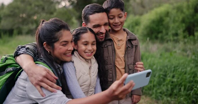 Selfie, happy kids or parents hiking in forest to relax on holiday vacation together in nature in Peru. Family, park or mom in woods taking a photo on outdoor adventure with girl, boy or kid for love