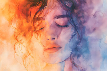 Dreamy Watercolor Painting of a Girl with Closed Eyes