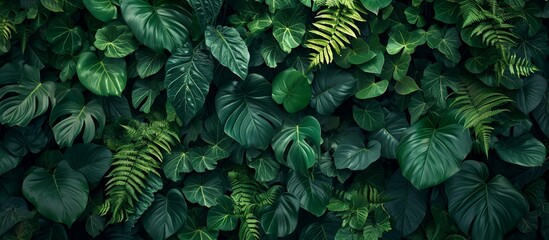 Dark green plants growing in a lush foliage background of tropical leaves like anthurium, epiphytes, or ferns, forming a beautiful green plant wall design in a cloud forest. - obrazy, fototapety, plakaty