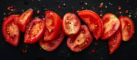 Isolated red tomato pieces on black background, healthy food.