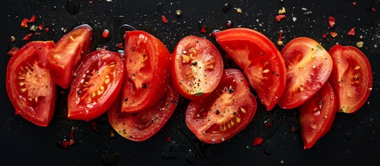 Isolated red tomato pieces on black background, healthy food. © The 2R Artificiality