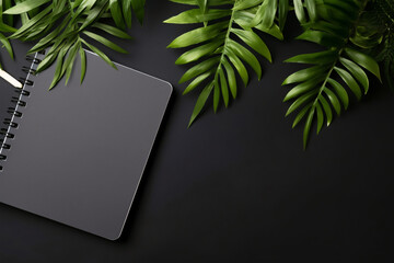 Minimalistic black background with laptop notepad 
