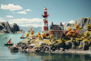 Nostalgic Lighthouse on a Peaceful Island, on an isolated Denim Blue background, Generative AI