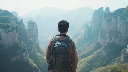 Adventurous Backpacker Overlooking Mountains - obrazy, fototapety, plakaty