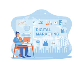  Young man working using smart phone and computer. Analyzing online marketing strategies via social media. Digital Marketing Content concept. trend flat vector modern illustration 