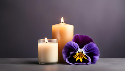 Beautiful pansy flower and burning candle on dark background