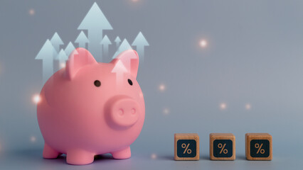 Piggy bank with arrow up and percent sign. income and return on investment in percentage. income,...