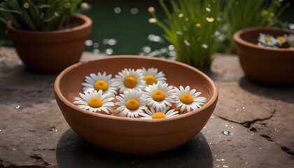 Fototapeta na wymiar Vibrant Daisy Flowers Adorning a Water-Filled Clay Bowl 