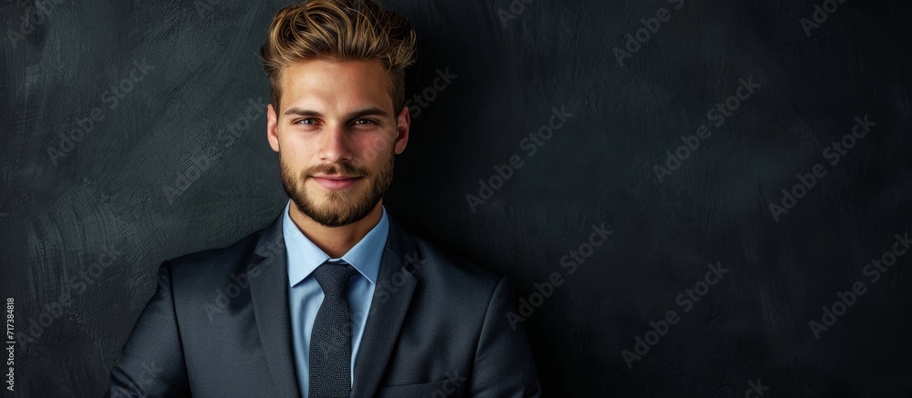 Canvas Prints Attractive, youthful businessman on black backdrop.