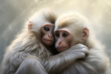 Mother monkey with her monkey child hug together in shinning light. Generative AI - obrazy, fototapety, plakaty