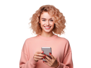 Portrait of a smiling, beautiful young woman holding a phone, isolated on transparent background