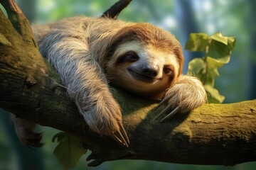 Fototapeta premium Cute sloth hanging on tree branch with funny face look, wild animal. Generative ai