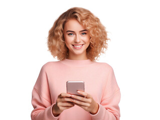 Portrait of a smiling, beautiful young woman holding a phone, isolated on transparent background