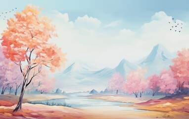 Abstract colorful pastel nature scenery oil painting with meadow, flowers, river, foliage. Natural view aesthetic abstract background canvas texture, brush strokes.