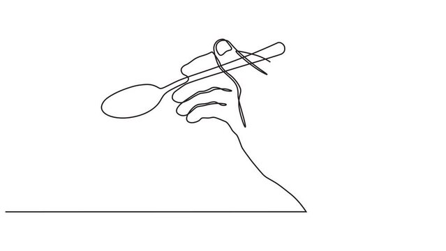 Continuous one line animation. Hand drawn animated motion graphic element of a side view of a hand
holding a spoon ready to start eating. 4k videos