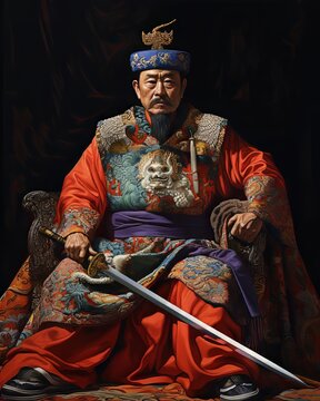 A colorful photorealistic asian king holding a sword, in the style of traditional animation, embroidery art, full body, confucian ideology,orange,purple, teal, grey colours on a black background. 