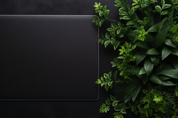 Minimalistic black background with laptop notepad  - obrazy, fototapety, plakaty