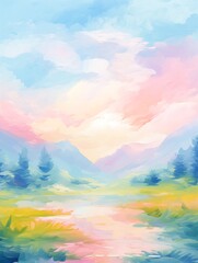 Fototapeta na wymiar Abstract colorful pastel nature scenery oil painting with meadow, flowers, river, foliage. Natural view aesthetic abstract background canvas texture, brush strokes.