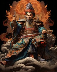 A colorful photorealistic asian king holding a sword, in the style of traditional animation, embroidery art, full body, confucian ideology, - obrazy, fototapety, plakaty
