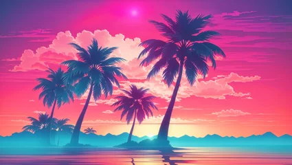 Outdoor-Kissen image of a palm tree silhouette in retro wave © itnozirmia