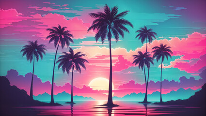 Fototapeta na wymiar image of a palm tree silhouette in retro wave