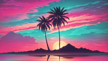 Fototapeta na wymiar image of a palm tree silhouette in retro wave