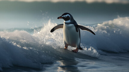 Penguin Surfing - obrazy, fototapety, plakaty