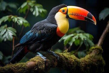 Fototapeta premium Colorful toucan resting on a tree branch in the rainforest, Generative AI