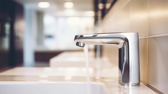 Closeup of a handsfree faucet in a public restroom, demonstrating how technology can improve hygiene in shared spaces.