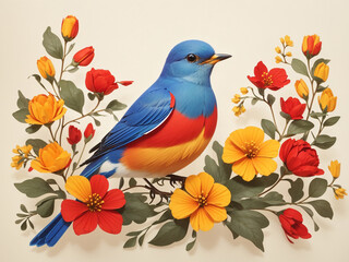 blue bird with red and yellow flowers
