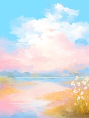 Fototapeta premium Abstract colorful pastel nature scenery oil painting with meadow, flowers, river, foliage. Natural view aesthetic abstract background canvas texture, brush strokes.