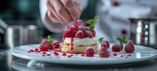 chef preparing dessert with strawberries on white plate - Powered by Adobe
