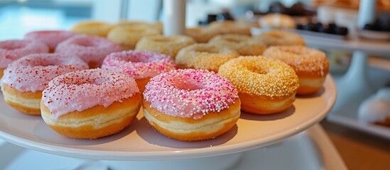 Donuts with pastel colors at a dessert station on a cruise ship.