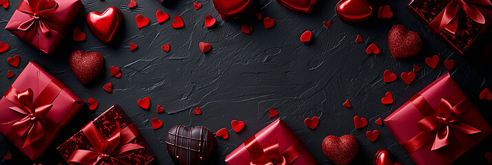 Cute chocolates and gifts on chic dark background - obrazy, fototapety, plakaty
