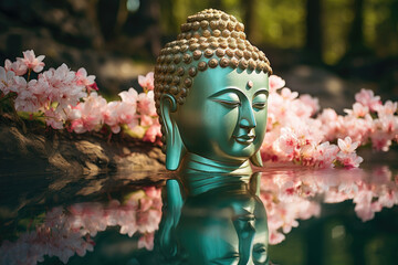 glowing golden Buddha face in a zen nature green garden, colorful paper cut flowers, cherry blossoms