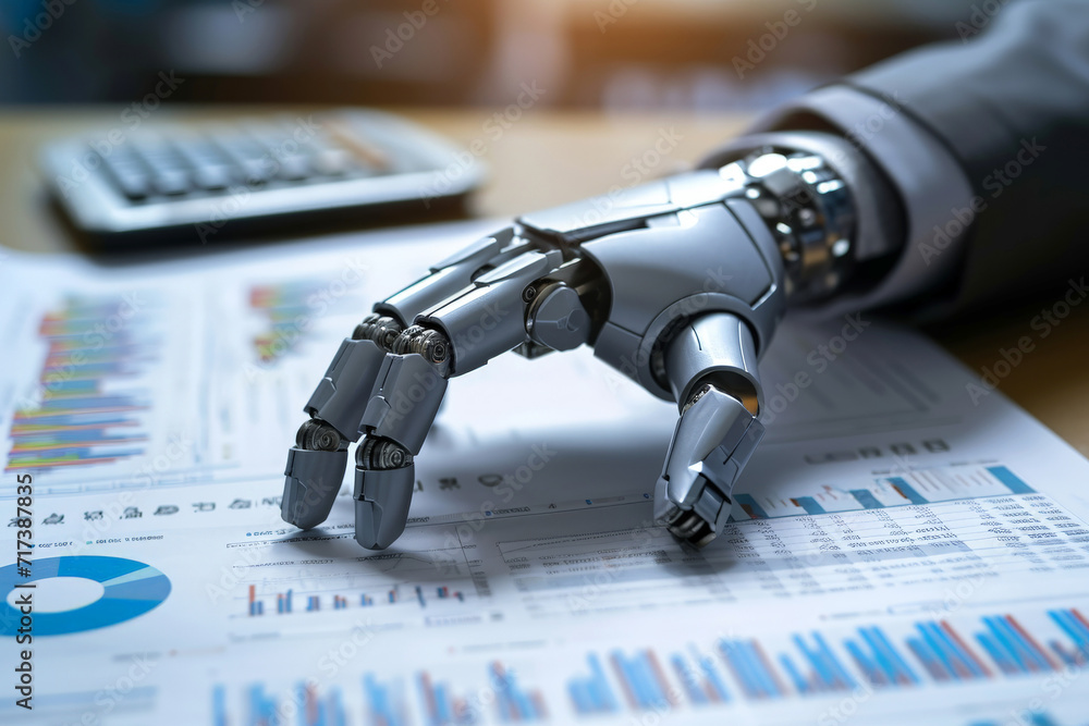 Poster a robot hand review report. graphs and charts. business reports concept ai generated
