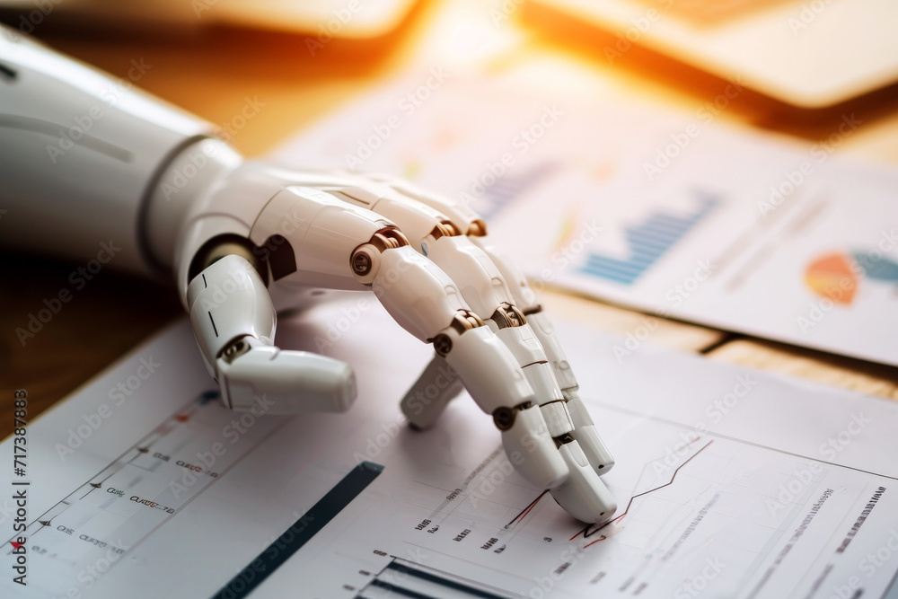 Poster a robot hand review report. graphs and charts. business reports concept ai generated