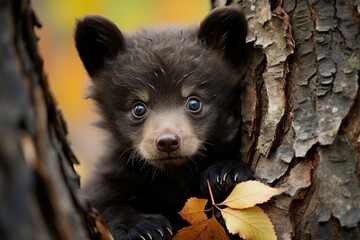 Curious black bear cub climbing a tree trunk, Generative AI