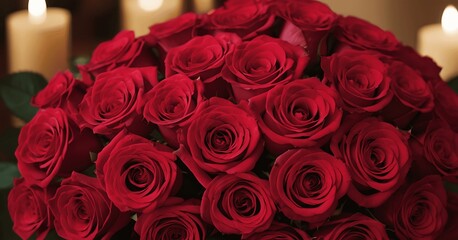 Red roses on a bed in a hotel room. generative ai