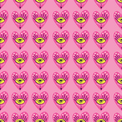 Bright vivid Valentines Day seamless pattern with magical hearts.