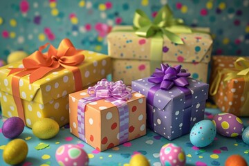 Fototapeta na wymiar Easter eggs and gifts on confetti background