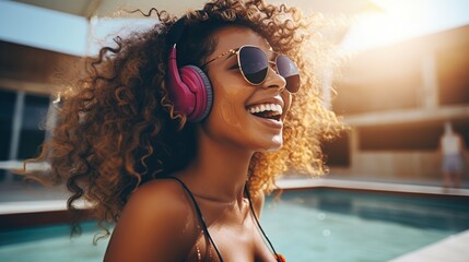 Girl in trendy sunglasses walking by swimming pool outside. Funny cheerful young woman in headphones enjoying music. Happy woman concept. - obrazy, fototapety, plakaty
