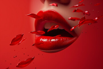 Seductive Red Lips: Desire, Sexy Vibes, and Valentine's Elegance with Rose Petals on a Red Background